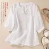 Camisa de algodón y lino sin marca ***70% de descuento en liquidación, estilo nuevo, corte holgado, adelgazante, casual, bordada, artística, top vintage