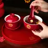 Conjunto de xícaras de chá para casamento, conjunto de chá vermelho para casamento, um par de tigelas festivas, pauzinhos e xícaras para cerimônia do chá e dote