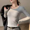 Camiseta básica para mujer para llevar debajo de un abrigo, camiseta de manga larga con cuello en U para otoño e invierno 2026, top acanalado de algodón puro de cuello ancho ajustado para primavera y otoño