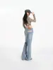 Jeans de campana de tiro bajo azul retro americano para mujer, nueva colección primavera/otoño 2026, con diseño de estampado de leopardo, pantalones largos de campana elegantes y modernos