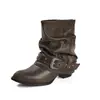 Aumento de Altura ~5cm Couro Genuíno Marrom Bico Fino Dobradas Botas de Salto Bloco Verão Femininas Fivela de Cinto Cano Curto Botas de Equitação