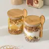 Pote de Vidro Redondo para Armazenamento com Colher, Pote para Sobremesa, Pote de Vidro Borossilicato Resistente ao Calor para Armazenamento de Grãos de Café, Tampa de Madeira, Pote Selado para Chá