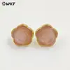 Pendientes con Textura Flor de Rosa Tridimensional Tallada Piedra Preciosa Cristal Rosa Ojo de Tigre Chapado en Oro de 18 Quilates para Accesorios de Mujer
