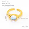 Joyería Retro Europea y Americana de Acero Inoxidable Anillo de Piedra Lunar con Líneas Geométricas Irregulares, Anillo Abierto Ajustable para Mujer