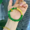 Cajado Vajra Cem Bênçãos Tubo Curvo Pulseira de Calcedônia Verde Método Antigo Ouro de Areia Contas Redondas Ouro Banado a Cobre Joia de Mão Feminina Estilo Nacional Retrô