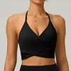 Sujetador deportivo de cuello halter estilo europeo y americano para mujer, secado rápido, tejido cepillado, sin espalda, tirantes finos, espalda cruzada, transpirable, adecuado para fitness y yoga