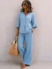 LN1999 Conjunto Casual de Dos Piezas para Mujer Transfronterizo: Blusa con Cuello en V, Media Botonadura y Mangas con Volantes y Pantalones de Pierna Ancha Caídos