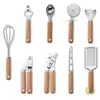 Juego de Gadgets y Utensilios de Cocina con Mango de Madera, Juego para Hornear, Cuchillo para Queso de Pizza, Batidor de Huevos de Acero Inoxidable
