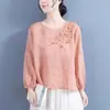 Camisa de lino bordada ganga de última hora para mujer primavera 2025 nuevo retro artístico cuello redondo manga larga top blanco