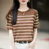 Suéter de punto de algodón de manga corta a rayas retro francés con cuello redondo, adelgazante, agradable para la piel, camiseta top