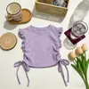 Blusa de Manga Curta para Meninas Verão Curta Cor Sólida Versátil Estilosa Fofa Roupa Infantil Camiseta Dopamina com Cordão