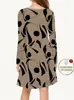 Estilo europeo y americano, cuello redondo, manga larga, estampado digital abstracto, vestido de corte recto, vestido midi de corte holgado, ropa para mujer de talla grande