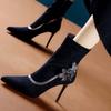 Zapatos de Celeb de Internet con Punta y Tacón Súper Alto para Mujer, Botines Elásticos Otoño e Invierno 2026 con Flores de Pedrería para Fiestas y Vestidos, Botines Cortos de Tacón de Aguja