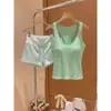 Conjunto de Pijama Verde Menta Decote V Estilo Desejo Puro para Mulheres, Regata e Shorts Casuais de Verão Emagrecedores, Para Caminhar ou Usar em Casa