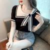 Ice Silk T-Shirt Confortável 2024 Verão Novo Estilo Ocidental Moda Navy Collar Idade Redução de Design Senso Nicho Chique Manga Curta