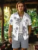 Camisa de manga curta masculina da marca europeia e americana trendy transfronteiriça, estampa floral casual, elasticidade em quatro direções, toque de alta qualidade, camisa masculina sem rugas
