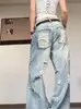 Jeans desgastados rotos estilo retro americano para mujer, nuevo estilo de alta costura para primavera y otoño, pantalones holgados rectos de tiro bajo de pierna ancha