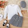 Amazon meninas europeias e americanas outono e inverno Novo terno bolha top de manga comprida com saia houndstooth chapéu conjunto de três peças