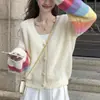 Cardigan Tricotado Colorido Macio e Ceroso Curto Colorido Arco-Íris Estilo Preguiçoso para Mulheres Nova Coleção Primavera & Outono 2025 Suéter de Design de Nicho