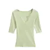 2659-Top Casual de Cuello en V para Mujer, Camiseta Sexy de Manga Media Ajustada, Nuevo Estilo Primavera/Verano 2026, Estilo Puro Deseo