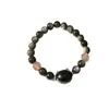 Pulseira simples de contas redondas de obsidiana em formato de cabeça de gato, estilo casal, pulseira de fio único, patchwork de cristal de morango, pulseira unissex