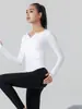 Camiseta de Manga Larga de Yoga de Gama Alta para Mujer, Otoño, Secado Rápido, Transpirable, Cuello en V, Plisada, Adelgazante, Casual, Versátil, Top Deportivo