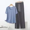 Pijama de Modal para Mujer, Estilo Veraniego Delgado, Tallas Grandes, Manga Corta, Pantalón Largo, Pantalón Casual Holgado de Pierna Ancha, Conjunto para Estar en Casa, Se Puede Usar Afuera