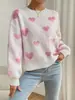 2026 Roupa feminina nova transfronteiriça europeia e americana outono e inverno suéter de tricô com padrão de coração gola redonda estilo casual solto para trabalho/dia a dia para mulheres