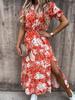 ¡En stock!! Vestido elegante de verano para mujer, estilo transfronterizo europeo y americano, popular, de cintura alta, con escote en V dividido y manga corta estampada