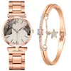 Comercio exterior nuevo correa de acero simple hoja de palma esfera de moda para mujer casual de negocios versátil reloj de cuarzo caja de regalo