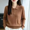 Polo de punto de ochos gris, top de punto elegante de manga larga para mujer para principios de otoño, nuevo suéter básico de moda 2026 con cuello camisero