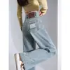 Jeans Rectos Color Gris Cemento Americano para Mujer de Cintura Alta, Pantalones Holgados Caídos para Otoño e Invierno 2024