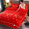2026 Novo Conjunto de Quatro Peças em Lã de Leite de Peso Elevado Flanela Espessa Fleece Coral Fleece Sable Dourado Estilo Saia de Cama com Estampa Fleece