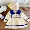 Vestido de camisola estilo marinho da menina Vestido de outono do bebê da menina Desgaste infantil de manga comprida Vestido plissado de malha infantil