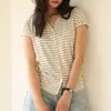 Camisa Base de Tencel Dai Jia Wen Primavera e Verão para Mulheres, Camiseta de Linho com Decote V, Cardigã Botão Up Amigo da Pele, Top de Manga Curta