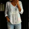 Nova camisa feminina transfronteiriça estampada de manga longa com botões e decote em V, elegante e estilosa para o trabalho, blusa casual única e da moda