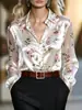 Roupas femininas transfronteiriças da Amazon europeia e americana: Camisa de cetim floral com gola e manga longa, top elegante com estampa para o trabalho para mulheres