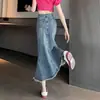 Saia jeans feminina, novo estilo primavera e outono, cintura alta, modeladora, justa ao corpo, de alta qualidade, comprimento médio, saia sereia para o verão