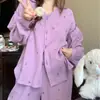 Pijama Floral Roxo para Menina, Conjunto de Calça com Mangas Longas e Gola Cardigan, Roupa de Casa Estilo Retrô que Pode Ser Usada Fora
