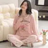 Pijama de Algodão Puro Desenho Animado Feminino Primavera e Outono Novo Pulôver Gola Redonda Pode Ser Usado Fora Calças de Manga Comprida Conjunto Roupa de Casa