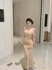 Vestido Sexy de Malla con Hombros Descubiertos Estilo Francés, Vintage de Cintura Alta, Elegante, Ajustado, Fruncido, Adelgazante, Vestido Largo Bodycon