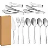 El juego de vajilla público de Amazon incluye cucharas para servir, tenedores, pinzas para hielo, espátulas para pasteles, pinzas para alimentos, cucharas para servir de buffet y coladores