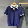 Camiseta fina de punto simple y elegante con cuello camisero para hombre, suéter casual de manga corta de seda helada de moda para hombre, camisa de verano de manga corta