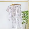 Pijama para Mujer Primavera y Verano Algodón Manga Corta Pantalones Delgado Crepé Cárdigan Puro Algodón Ropa de Casa Conjunto Fresco Primavera y Verano