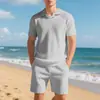 Traje Americano de Verão com Shorts de Manga Curta Cruzado Europeu e Americano Gola Burke Camisa Polo Waffle Traje Casual de Shorts para Homens