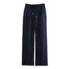 Pantalones rectos de lino con cintura alta y cordones para mujer, estilo informal, de estilo europeo y americano, de verano, de malla de color liso.
