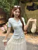 Top de Punto con Encaje Patchwork y Cuello en V Estilo Puro Deseo para Mujer, Nuevo Modelo de Verano con Diseño Ceñido a la Cintura, Blusa Elegante y Adelgazante de Manga Corta