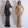 C6863 Moda Europea y Americana Transfronteriza Aliexpress Amazon Vestido Largo de Malla Color Sólido con Pedrería para Mujer