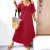 Nuevo vestido largo de color liso con cuello en V y hombros descubiertos para mujer, transfronterizo de Amazon Europa y América 2025