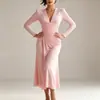 E-commerce Transfronteiriço Europeu e Americano Amazon Outono e Inverno Novo Vestido Feminino de Manga Longa Cor Sólida Irregular Franzido Decote V